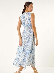 Roman Blue Floral Print Twist 100% Cotton Midi Dress - Image 3 of 5