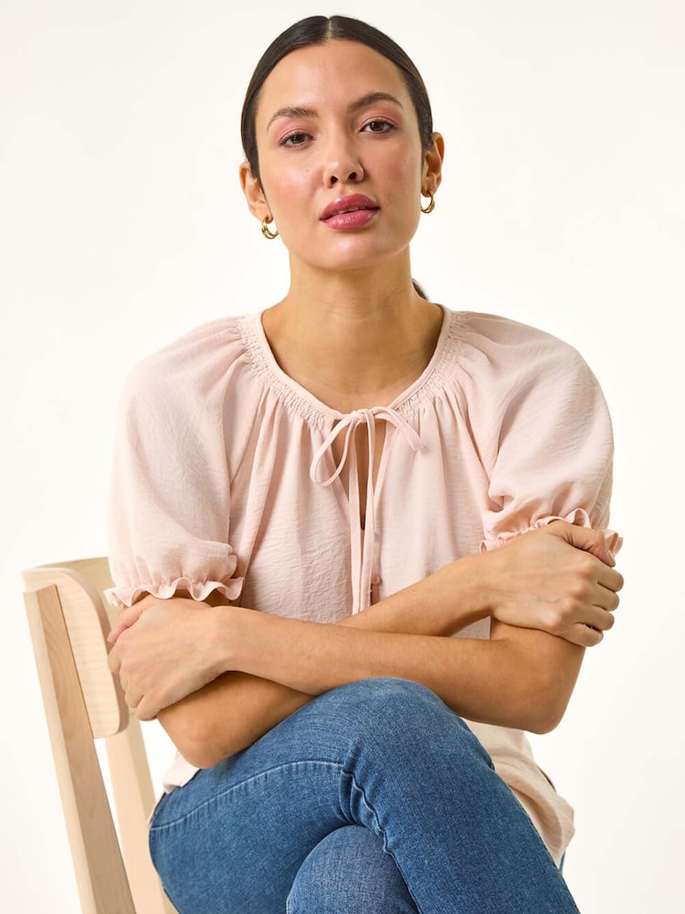 Roman Pink Shirred Tie Front Neck Blouse - Image 1 of 5