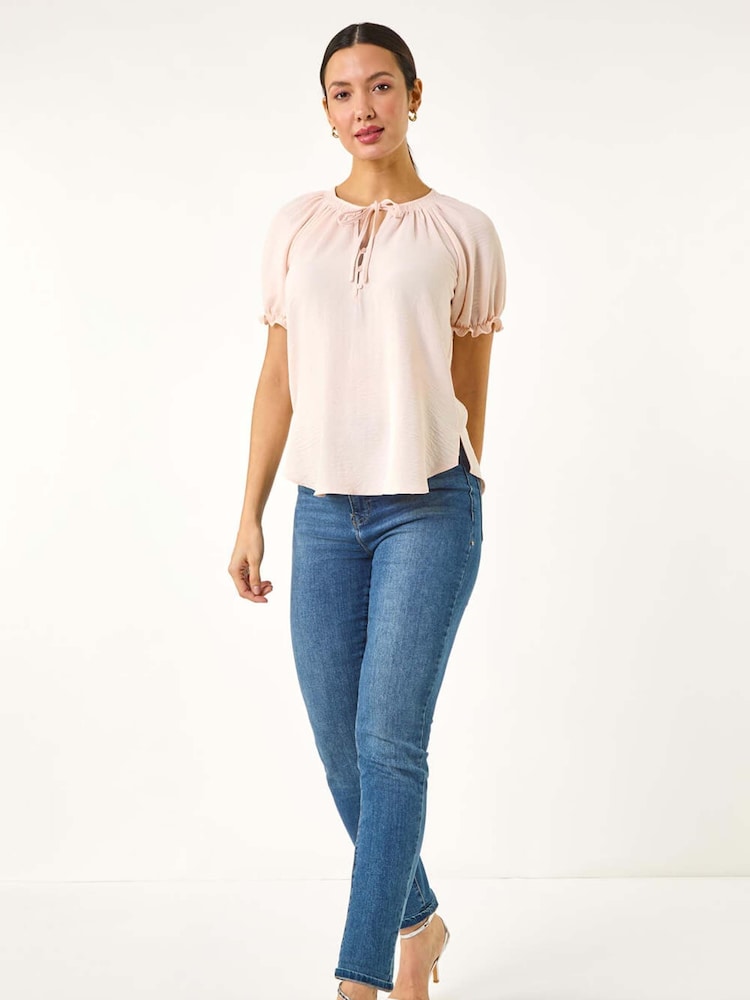 Roman Pink Shirred Tie Front Neck Blouse - Image 2 of 5