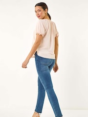 Roman Pink Shirred Tie Front Neck Blouse - Image 3 of 5
