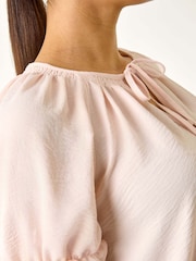 Roman Pink Shirred Tie Front Neck Blouse - Image 5 of 5