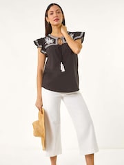 Roman Black Embroidered Tie Front 100% Cotton Tank Top - Image 1 of 5