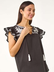 Roman Black Embroidered Tie Front 100% Cotton Tank Top - Image 2 of 5