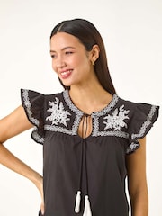 Roman Black Embroidered Tie Front 100% Cotton Tank Top - Image 4 of 5