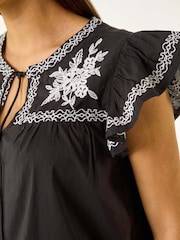 Roman Black Embroidered Tie Front 100% Cotton Tank Top - Image 5 of 5