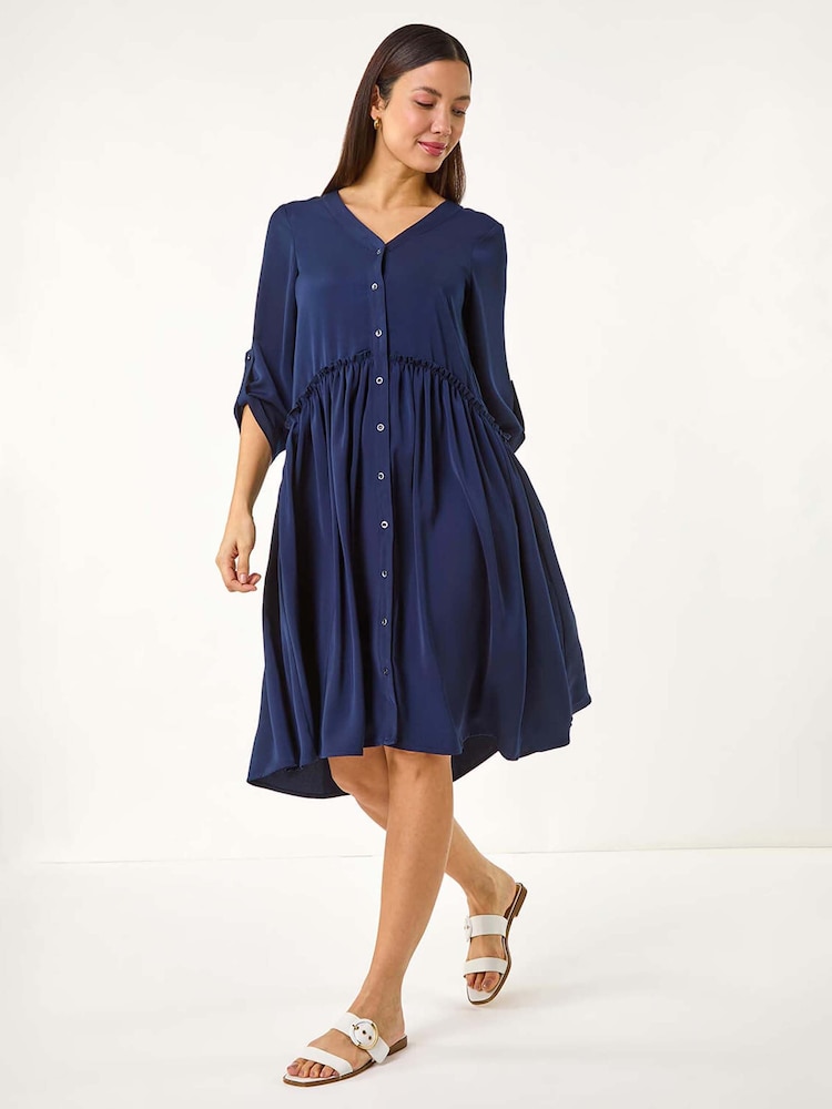 Roman Blue Satin Drop Waist Smock Dress - Image 1 of 5