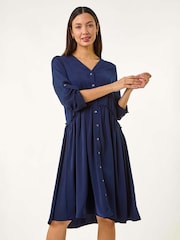 Roman Blue Satin Drop Waist Smock Dress - Image 2 of 5