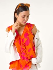 Roman Orange Tropical Print Ruffle Vest Top - Image 1 of 5