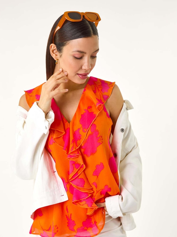 Roman Orange Tropical Print Ruffle Vest Top - Image 1 of 5