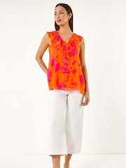 Roman Orange Tropical Print Ruffle Vest Top - Image 2 of 5
