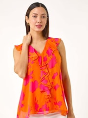Roman Orange Tropical Print Ruffle Vest Top - Image 4 of 5