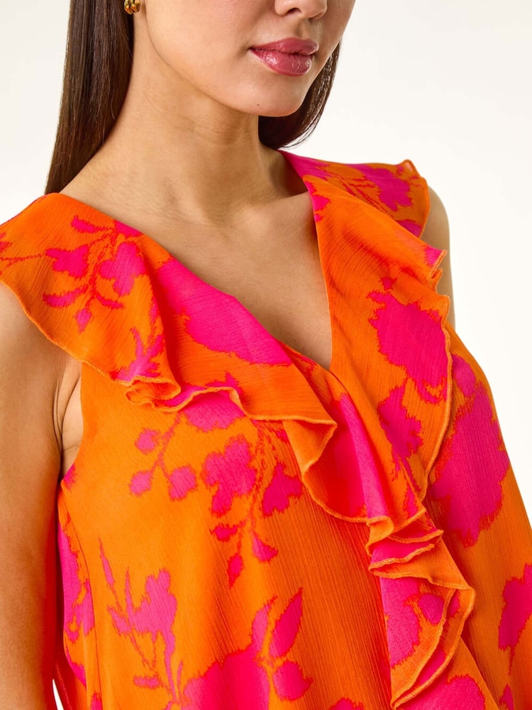 Roman Orange Tropical Print Ruffle Vest Top - Image 5 of 5