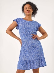 Roman Blue Petite Paisley Print Frill Tea Dress - Image 1 of 5