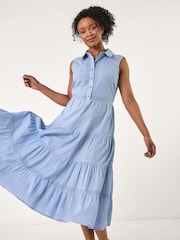 Roman Blue 100% Cotton Pocket Tiered Midi Dress - Image 1 of 5