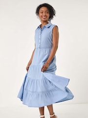 Roman Blue 100% Cotton Pocket Tiered Midi Dress - Image 2 of 5