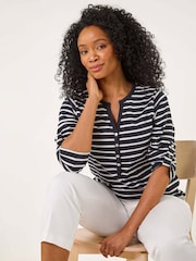 Roman Blue Petite Stripe V-Neck Button 100% Cotton Top - Image 1 of 5