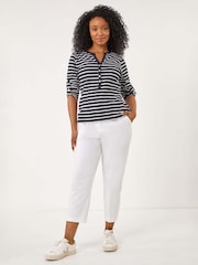 Roman Blue Petite Stripe V-Neck Button 100% Cotton Top - Image 2 of 5