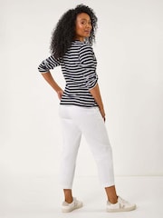 Roman Blue Petite Stripe V-Neck Button 100% Cotton Top - Image 3 of 5
