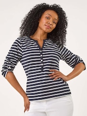 Roman Blue Petite Stripe V-Neck Button 100% Cotton Top - Image 4 of 5