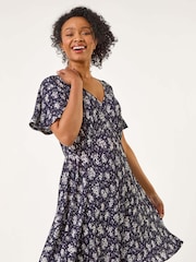 Roman Blue Petite Floral Print Pleated Forties Dress - Image 1 of 5