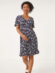 Roman Blue Petite Floral Print Pleated Forties Dress - Image 2 of 5