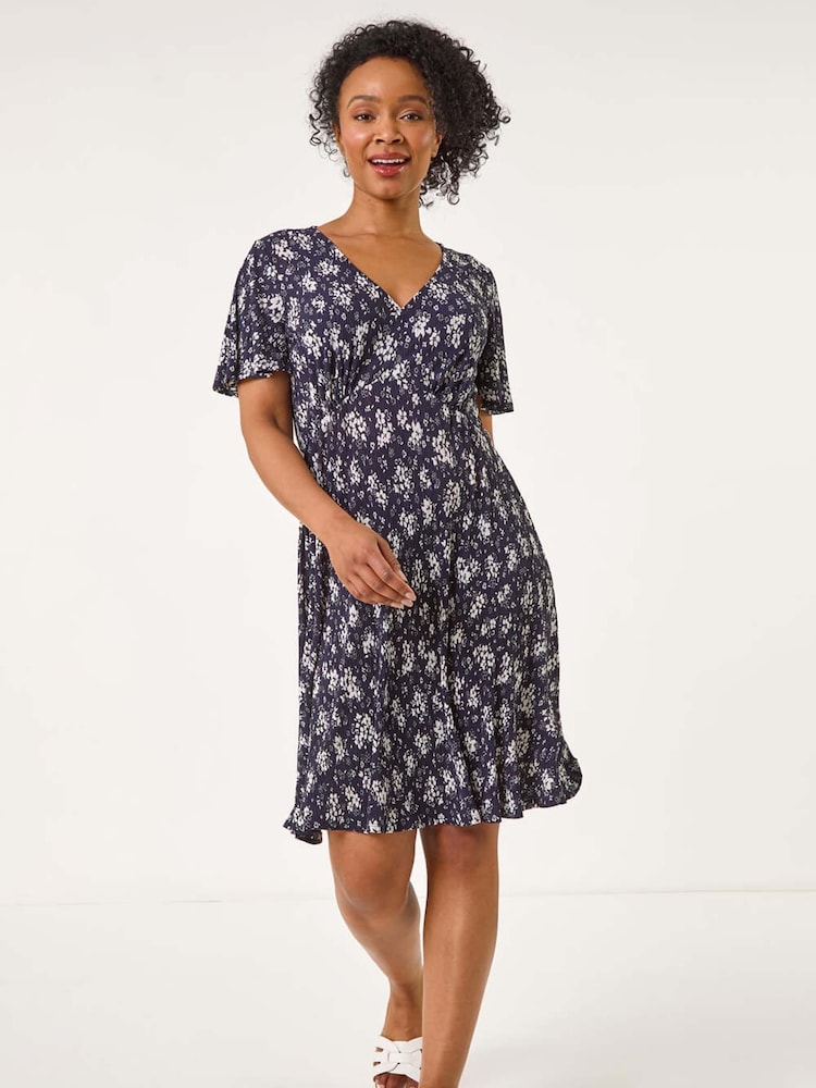 Roman Blue Petite Floral Print Pleated Forties Dress - Image 2 of 5