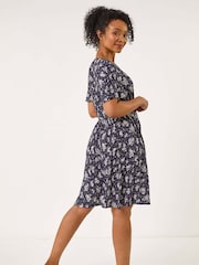Roman Blue Petite Floral Print Pleated Forties Dress - Image 3 of 5