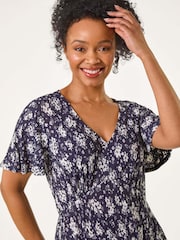 Roman Blue Petite Floral Print Pleated Forties Dress - Image 4 of 5