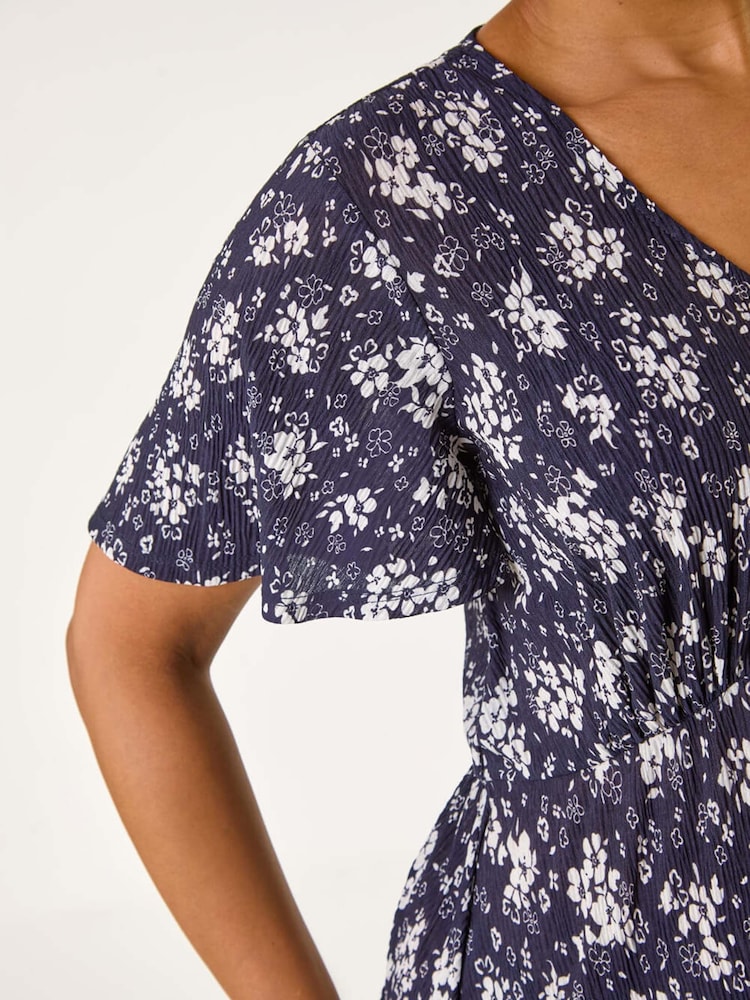 Roman Blue Petite Floral Print Pleated Forties Dress - Image 5 of 5