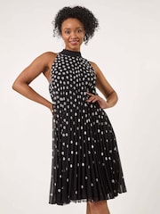 Roman Black Petite Spot Print Halter Pleat Dress - Image 1 of 4