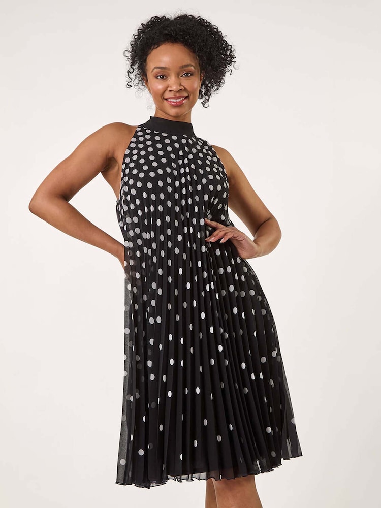 Roman Black Petite Spot Print Halter Pleat Dress - Image 1 of 4