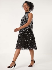 Roman Black Petite Spot Print Halter Pleat Dress - Image 2 of 4