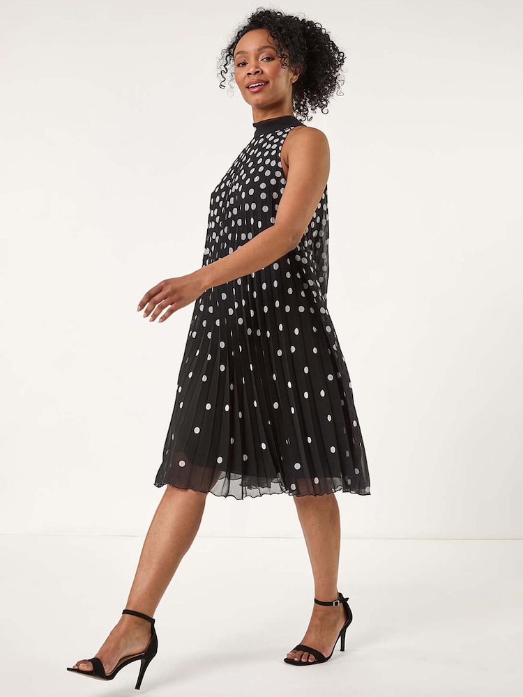 Roman Black Petite Spot Print Halter Pleat Dress - Image 2 of 4