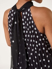 Roman Black Petite Spot Print Halter Pleat Dress - Image 4 of 4