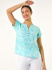 Roman Blue Leaf Print V-Neck Button Top - Image 2 of 5