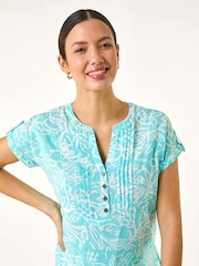 Roman Blue Leaf Print V-Neck Button Top - Image 4 of 5