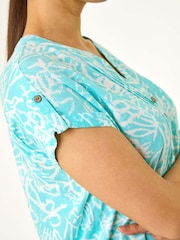 Roman Blue Leaf Print V-Neck Button Top - Image 5 of 5