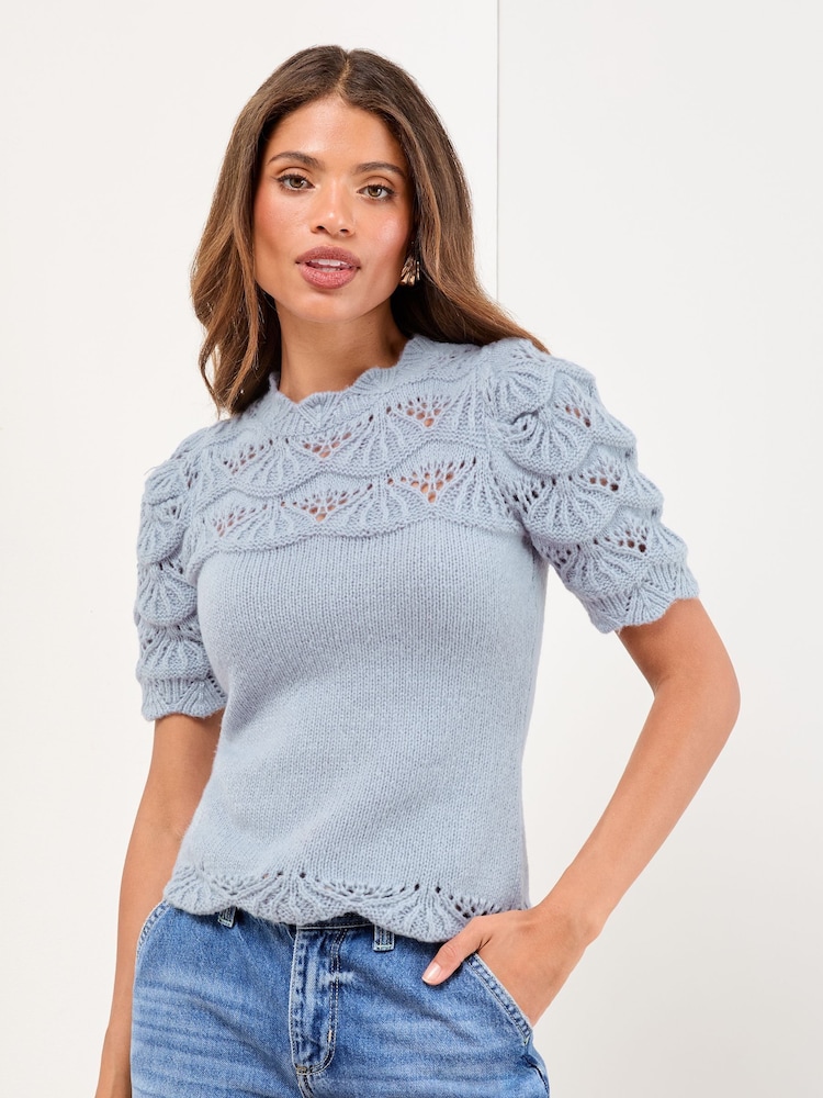 Lipsy Blue Scallop Stitch Crew Neck Short Sleeve Knitted Top - Image 1 of 4 Lipsy Blue Scallop Stitch Crew Neck Short Sleeve Knitted Top - Image 1 of 4