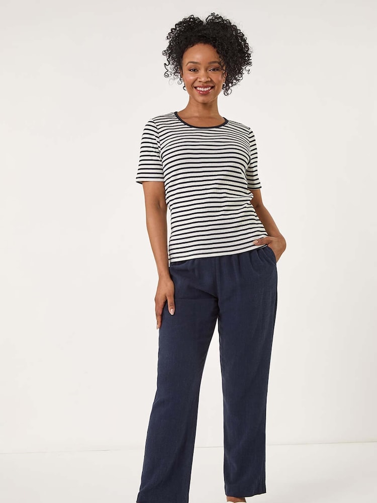 Roman Blue Petite Stripe Short Sleeve Stretch Top - Image 2 of 5 Roman Blue Petite Stripe Short Sleeve Stretch Top - Image 2 of 5