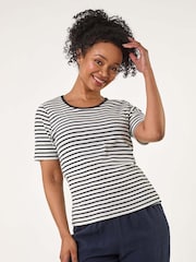 Roman Blue Petite Stripe Short Sleeve Stretch Top - Image 4 of 5