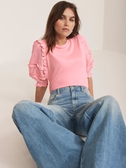 Mint Velvet Pink Ruffle Detail 100% Cotton T-Shirt - Image 1 of 7