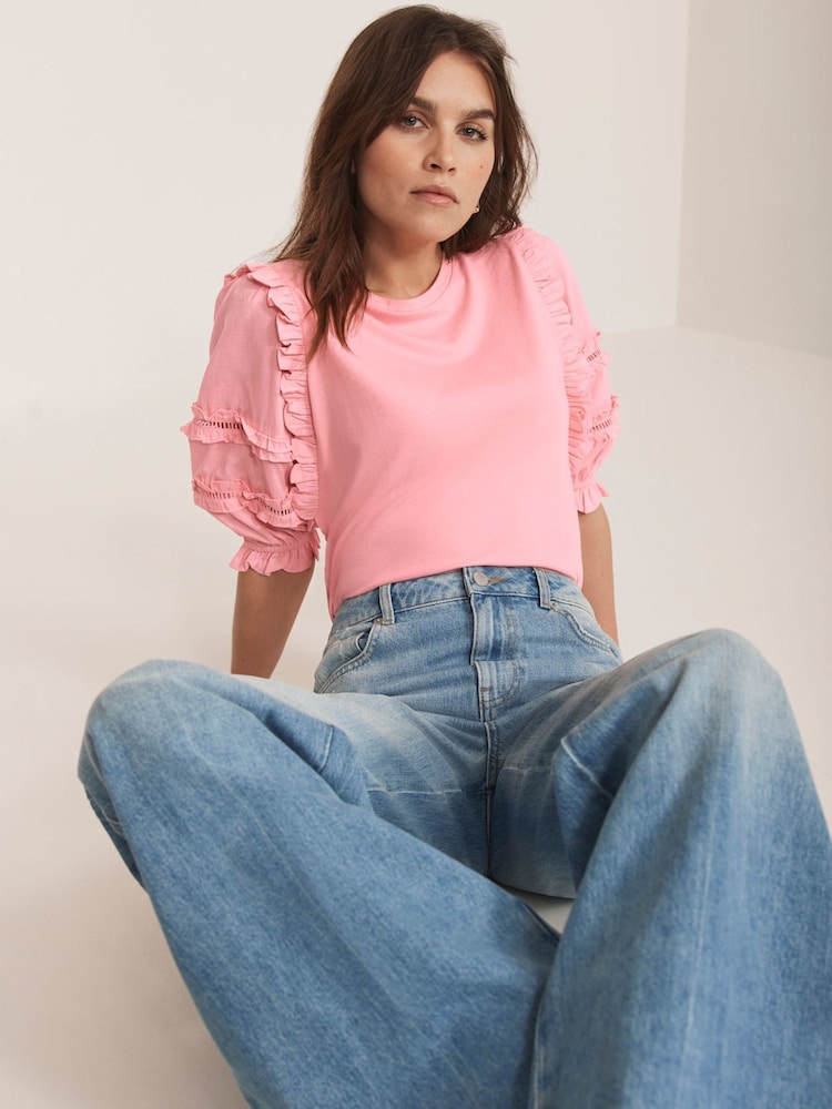 Mint Velvet Pink Ruffle Detail 100% Cotton T-Shirt - Image 1 of 7