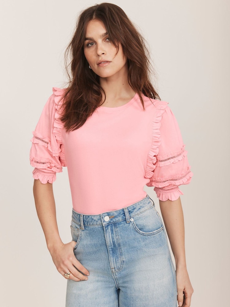Mint Velvet Pink Ruffle Detail 100% Cotton T-Shirt - Image 2 of 7