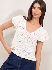 Lipsy Ivory Summer Crochet V-Neck Frill Sleeve Top - Image 1 of 4