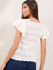 Lipsy Ivory Summer Crochet V-Neck Frill Sleeve Top - Image 2 of 4