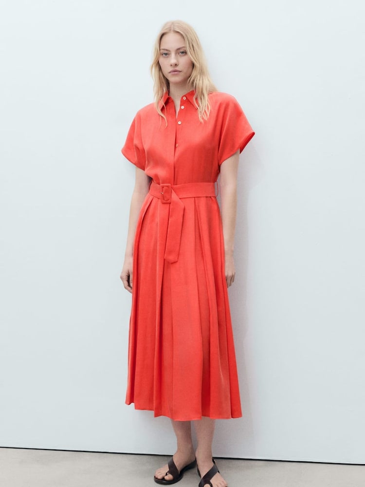 Mango Red Belted Midi Shirt Dress - Image 1 of 6