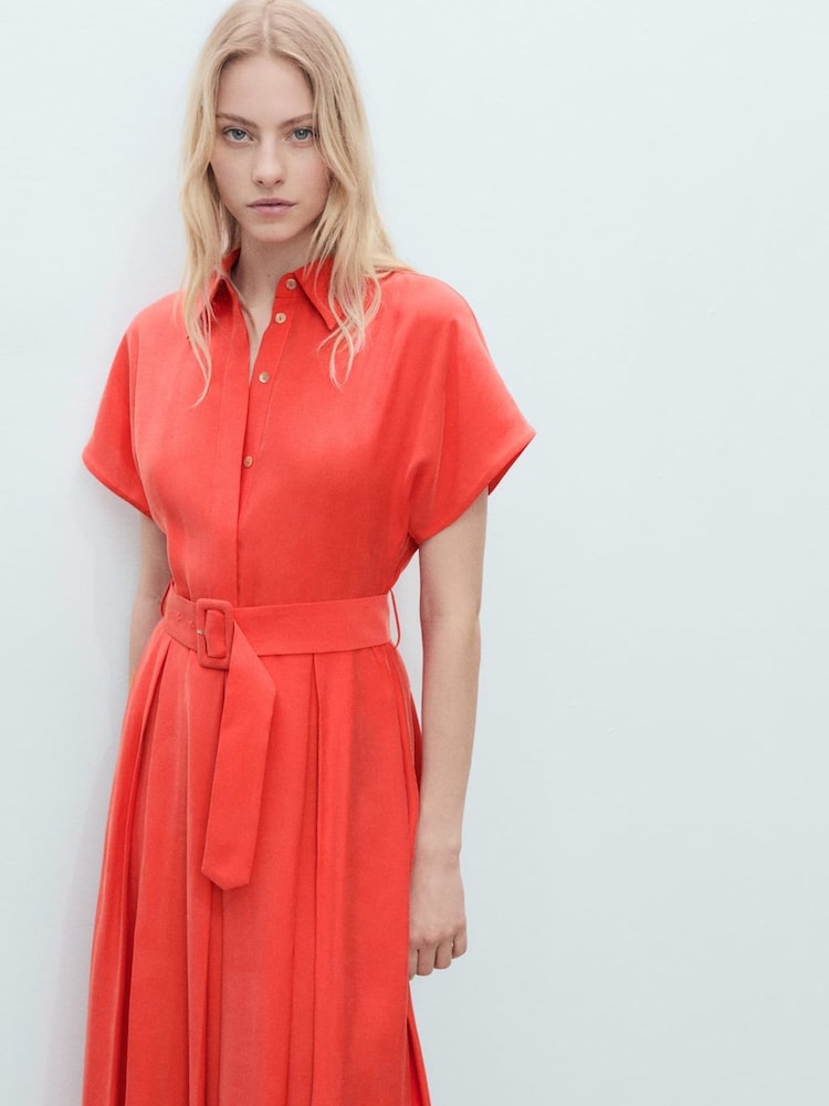 Mango Red Belted Midi Shirt Dress - Image 2 of 6