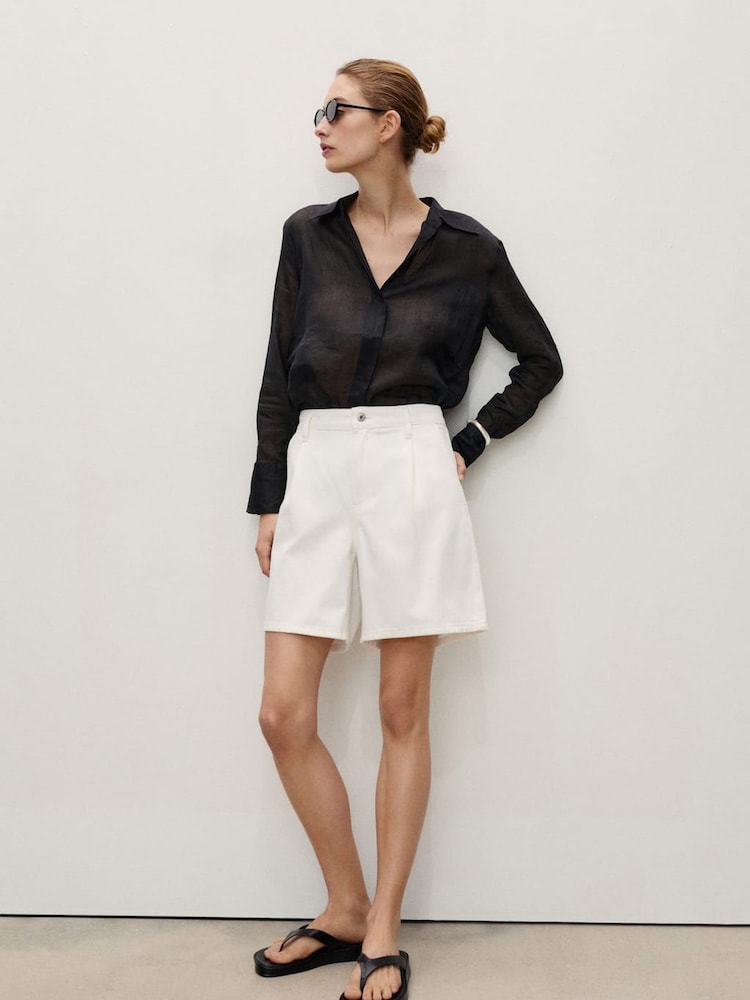 Mango Cream Pleated Denim Bermuda Shorts - Image 1 of 5 Mango Cream Pleated Denim Bermuda Shorts - Image 1 of 5