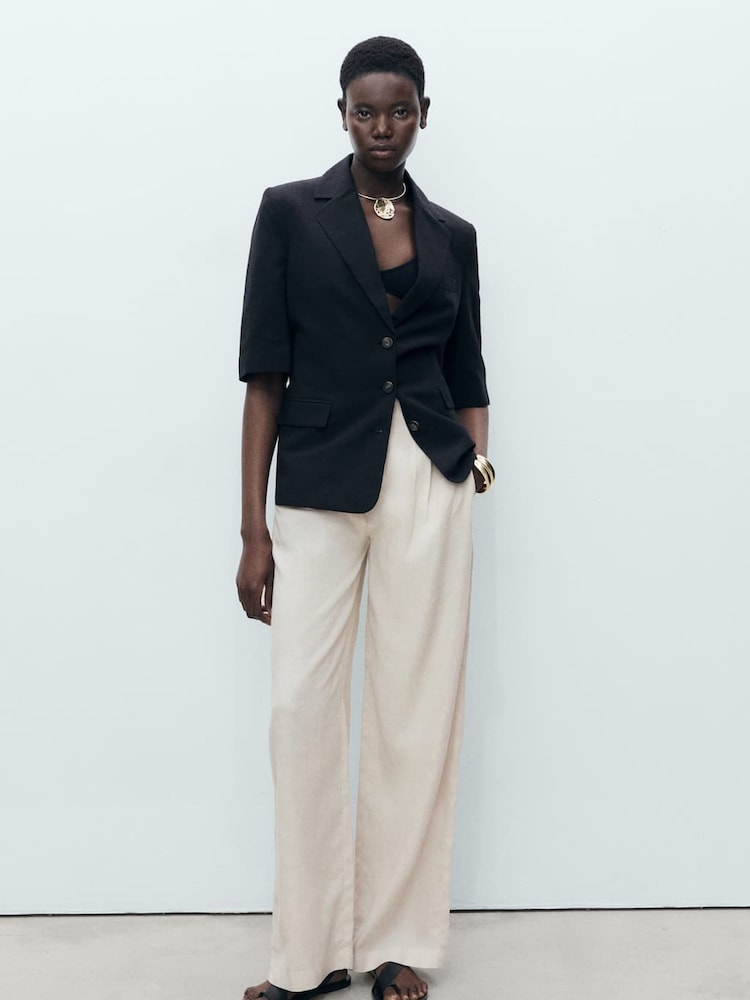 Mango Brown Tortoiseshell Button Linen Trousers - Image 1 of 7