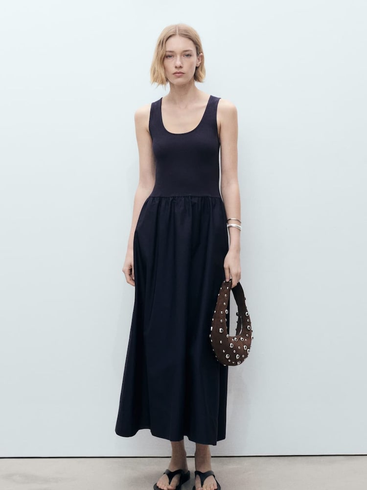 Mango Navy 2-In-1 Mix Jersey Woven Midi Dress - Image 1 of 6 Mango Navy 2-In-1 Mix Jersey Woven Midi Dress - Image 1 of 6